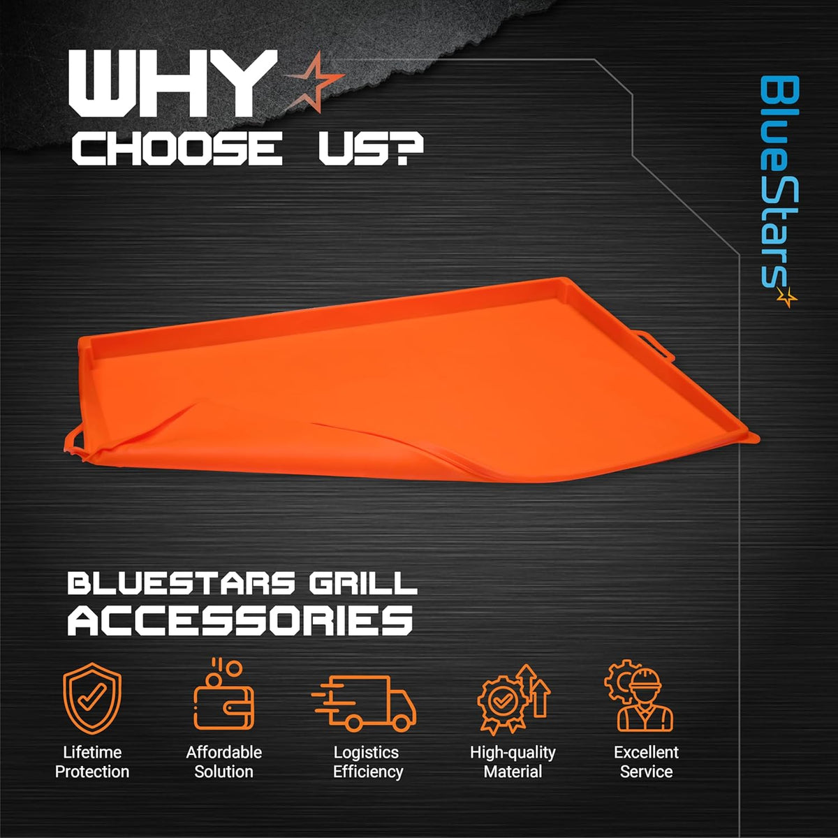 Orange 28-inch silicone griddle cover shown in a promotional graphic highlighting BlueStars grill accessory benefits.
