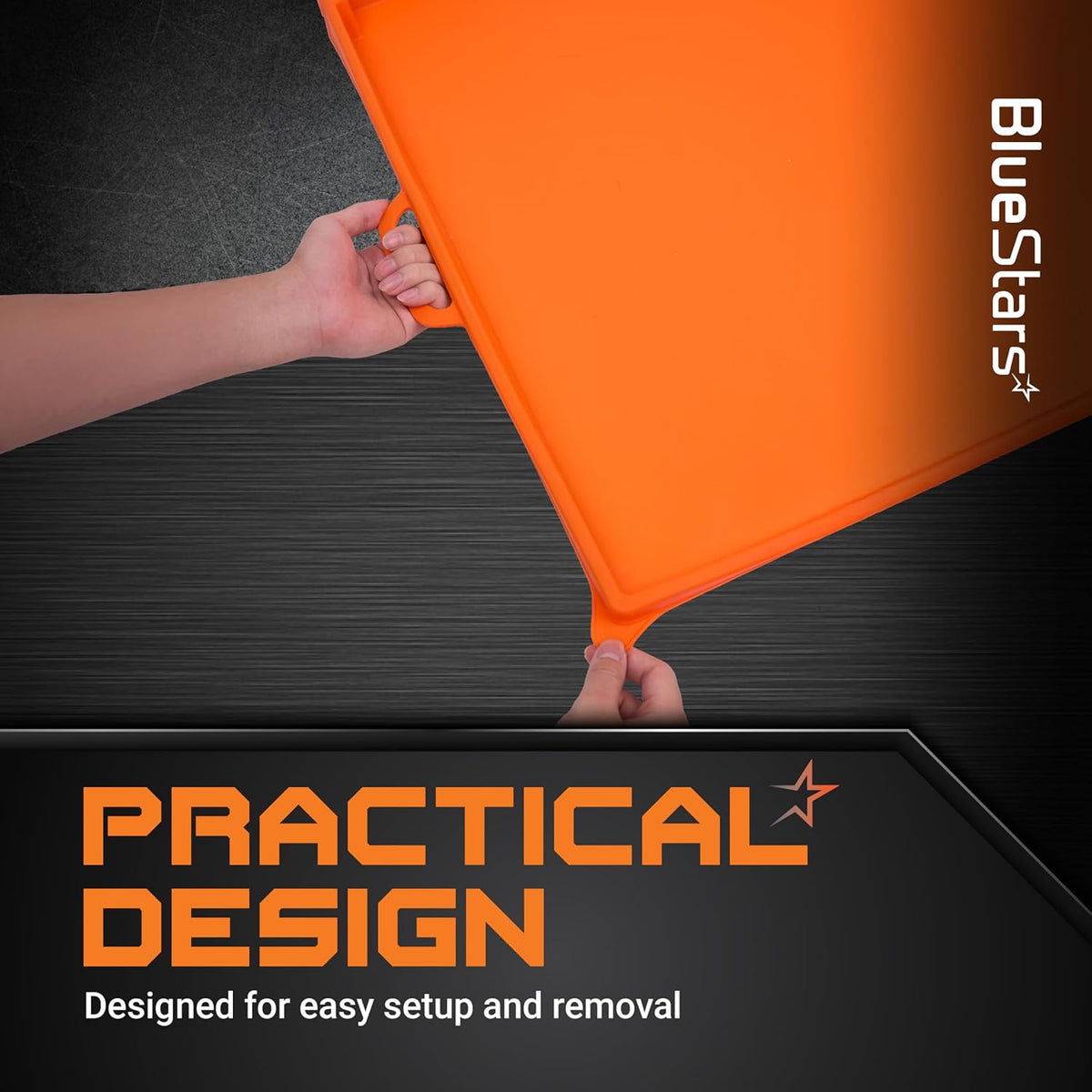Hands holding an orange 28-inch silicone griddle cover by the integrated handles for easy setup and removal.
