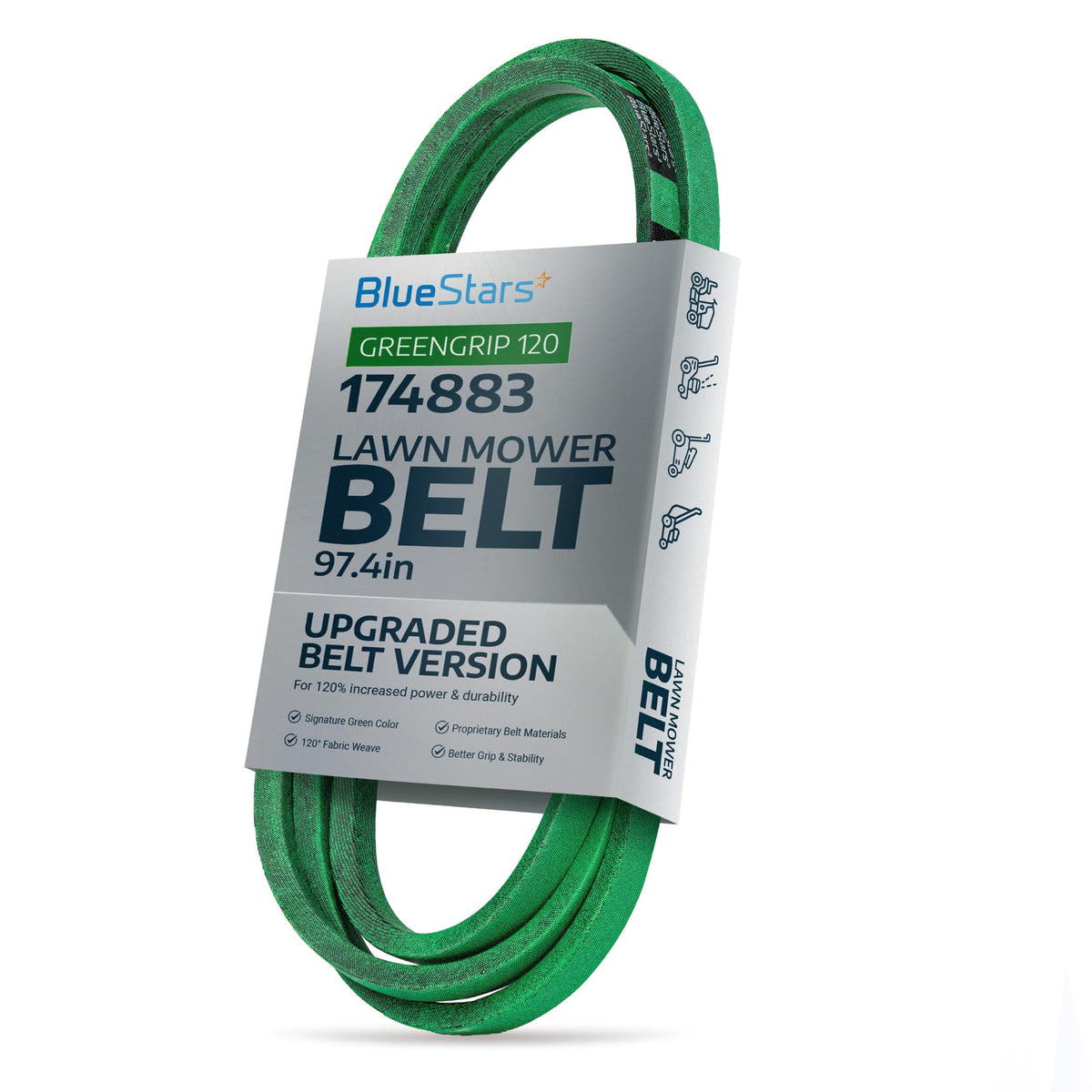 Green 174883 mower deck drive belt in BlueStars branded packaging for 42-inch lawn mower decks.