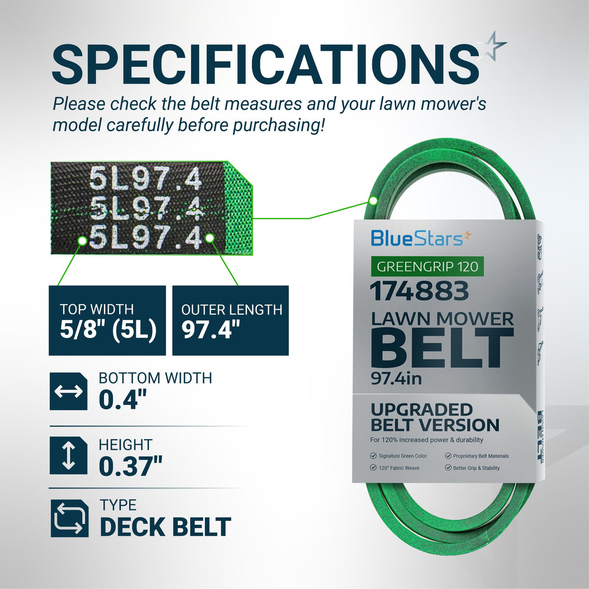 Specification chart for 174883 mower deck drive belt showing dimensions and product details.
