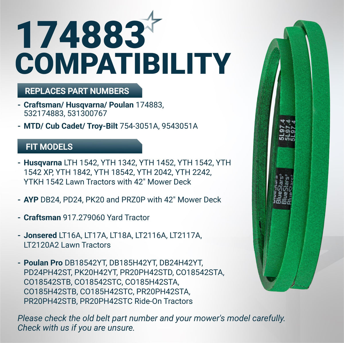 174883 mower deck drive belt compatibility chart showing replacement part numbers and compatible lawn mower models.
