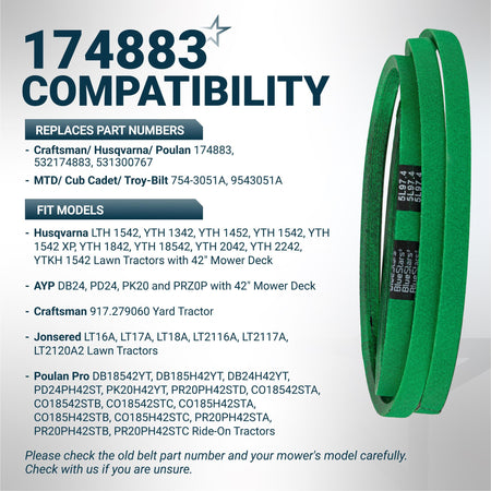 174883 mower deck drive belt compatibility chart showing replacement part numbers and compatible lawn mower models.