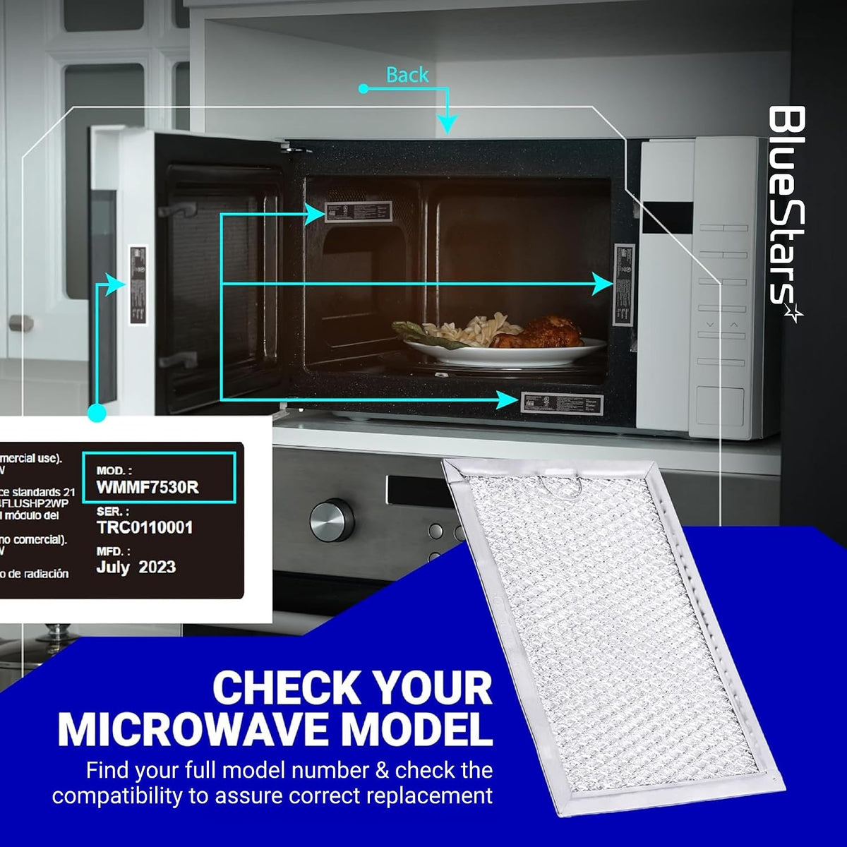 WB06X10608 Microwave Grease Filter shown beside an open microwave with model-check diagram and filter close-up