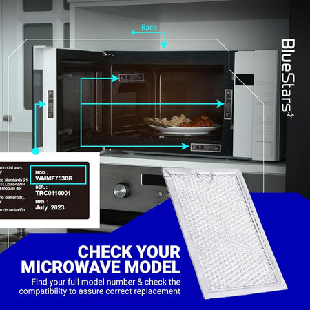 WB06X10608 Microwave Grease Filter shown beside an open microwave with model-check diagram and filter close-up