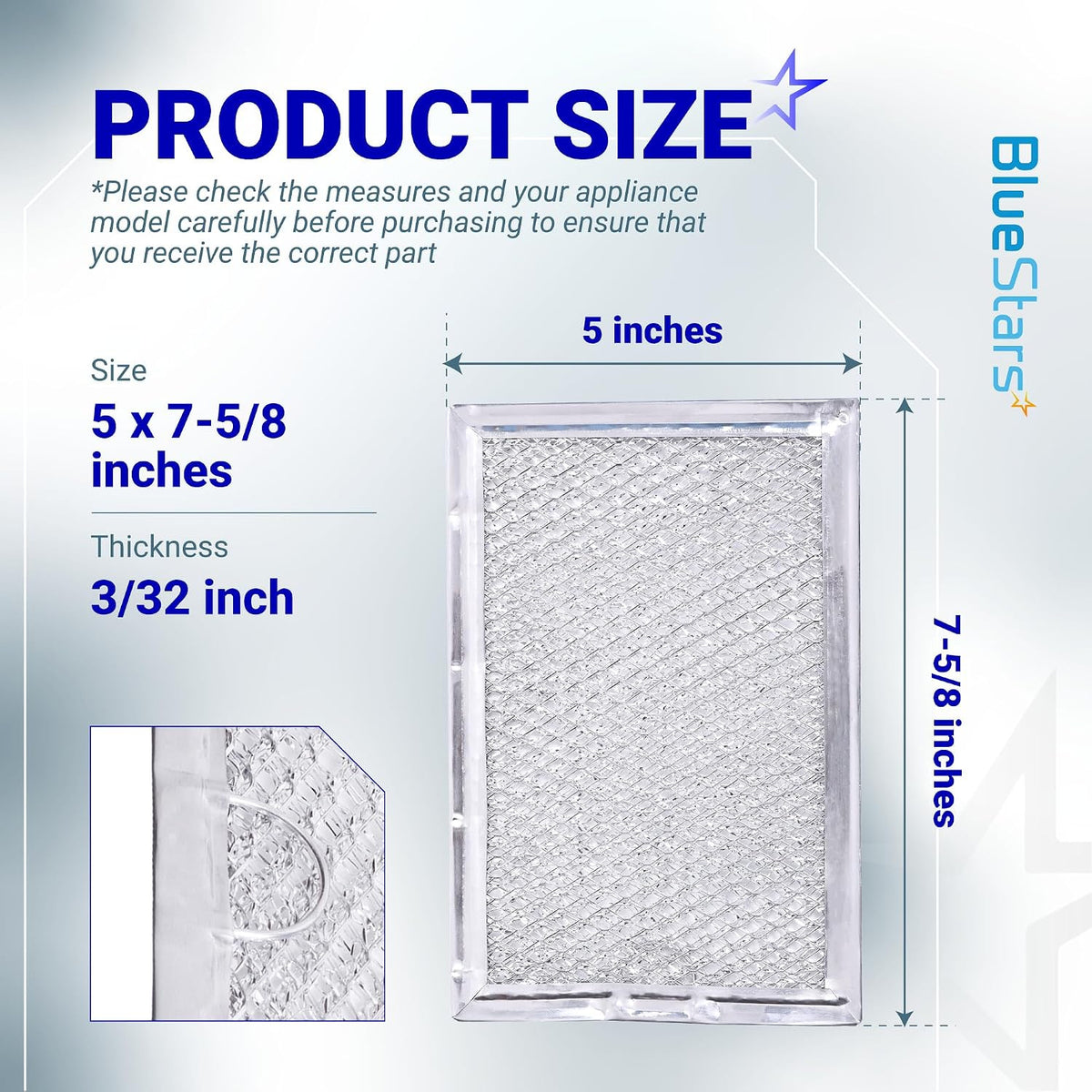 WB06X10608 microwave grease filter product size diagram showing 5 x 7-5/8 inch dimensions and 3/32-inch thickness
