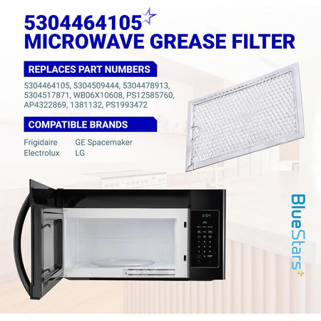WB06X10608 Microwave Grease Filter product graphic showing the filter and an open microwave