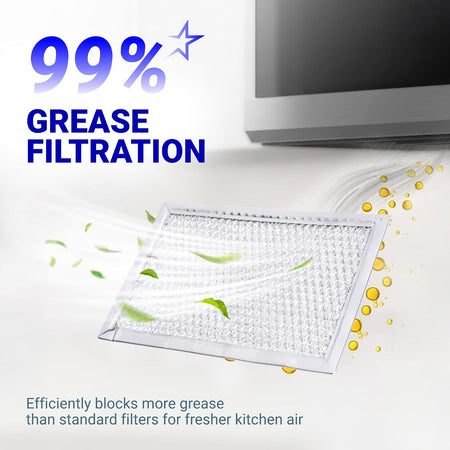 WB06X10608 microwave grease filter, promotional graphic showing the filter with “99% grease filtration” text.
