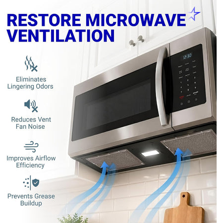 WB06X10608 Microwave Grease Filter shown installed in a microwave vent with blue airflow arrows and ventilation callouts.