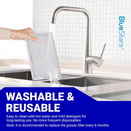 WB06X10608 Microwave Grease Filter being rinsed under a faucet; washable and reusable text shown