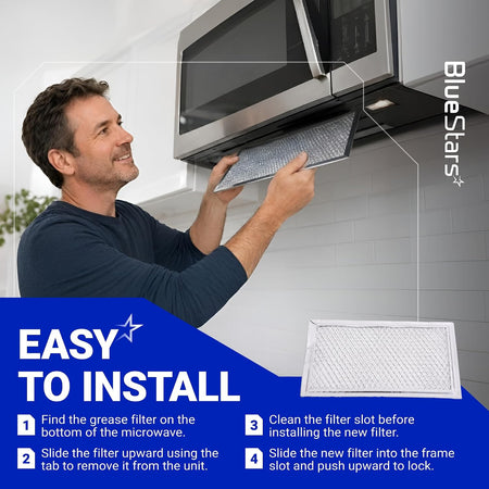 WB06X10608 microwave grease filter shown being installed under a microwave with four-step installation instructions