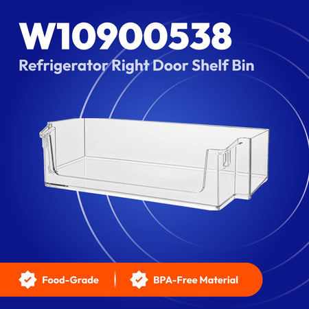 W10900538 refrigerator right door shelf bin shown on a blue background with Food-Grade and BPA-Free Material labels