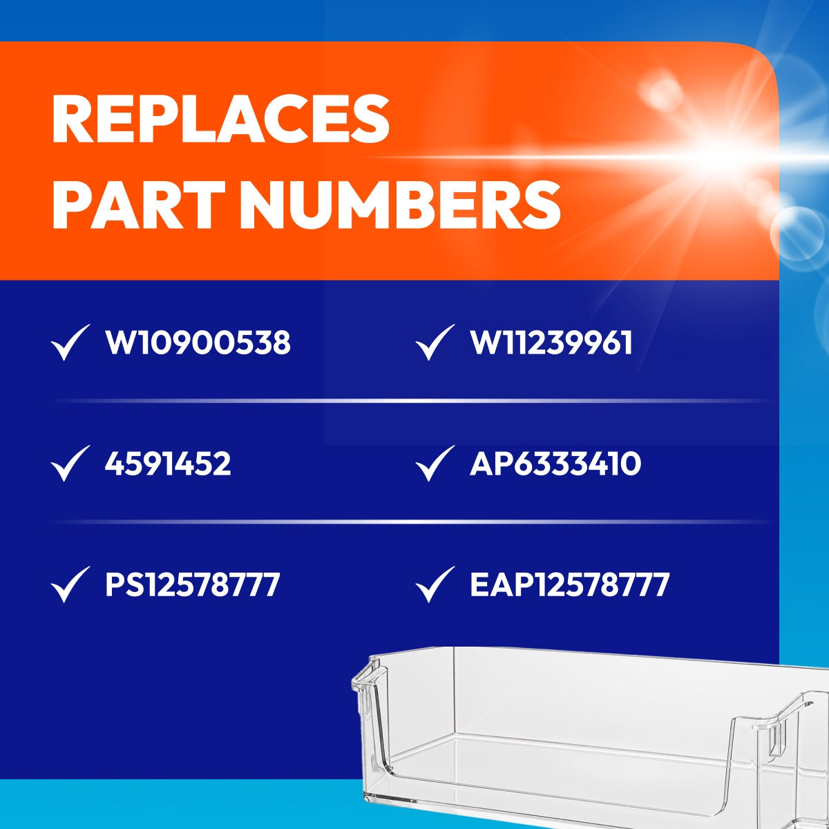 W10900538 Refrigerator Door Shelf Bin Right replacement part numbers graphic with a partial bin illustration