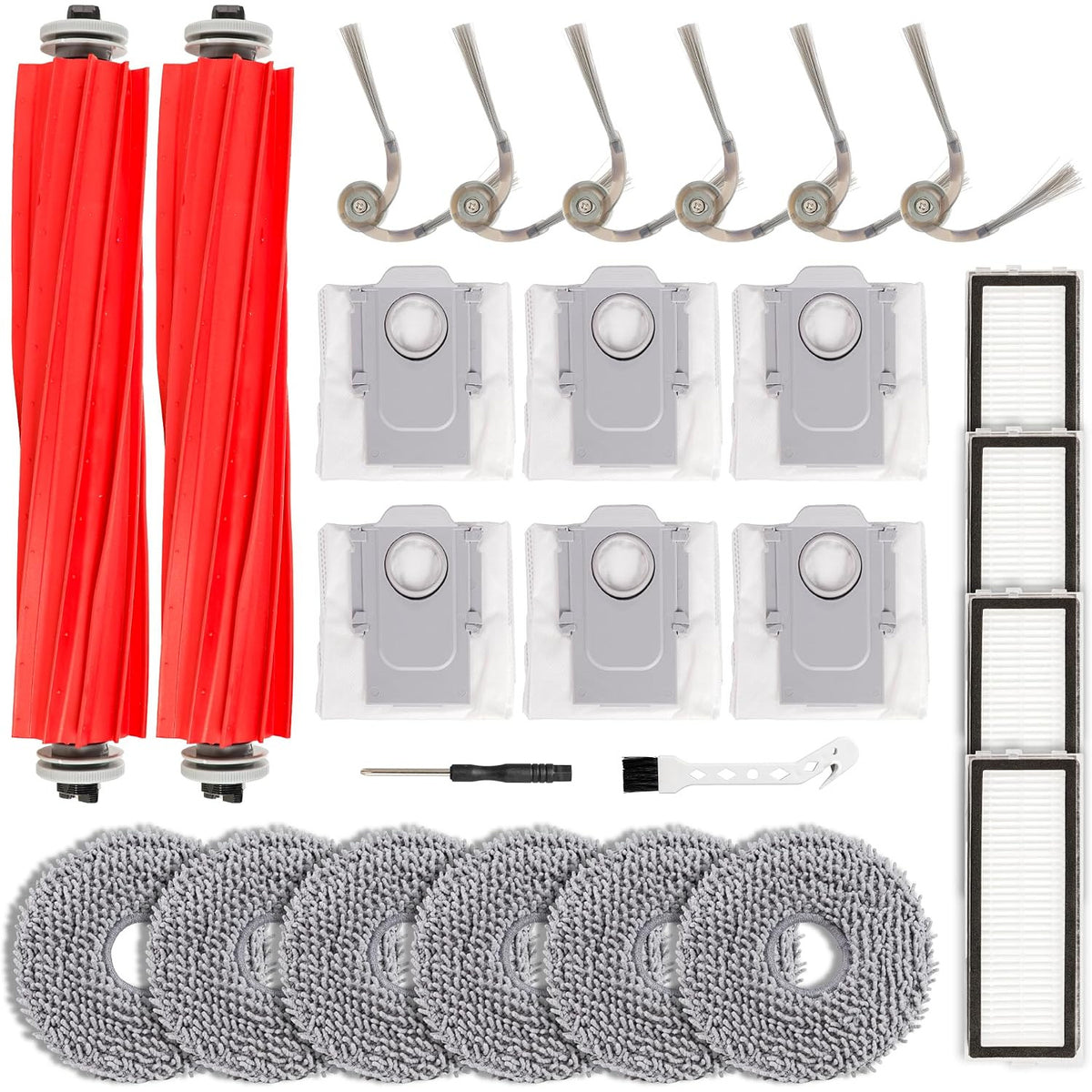 26-Pack QV 35A Replacement Parts Kit for Roborock, showing rollers, side brushes, dust bags, filters, mop pads, and tools