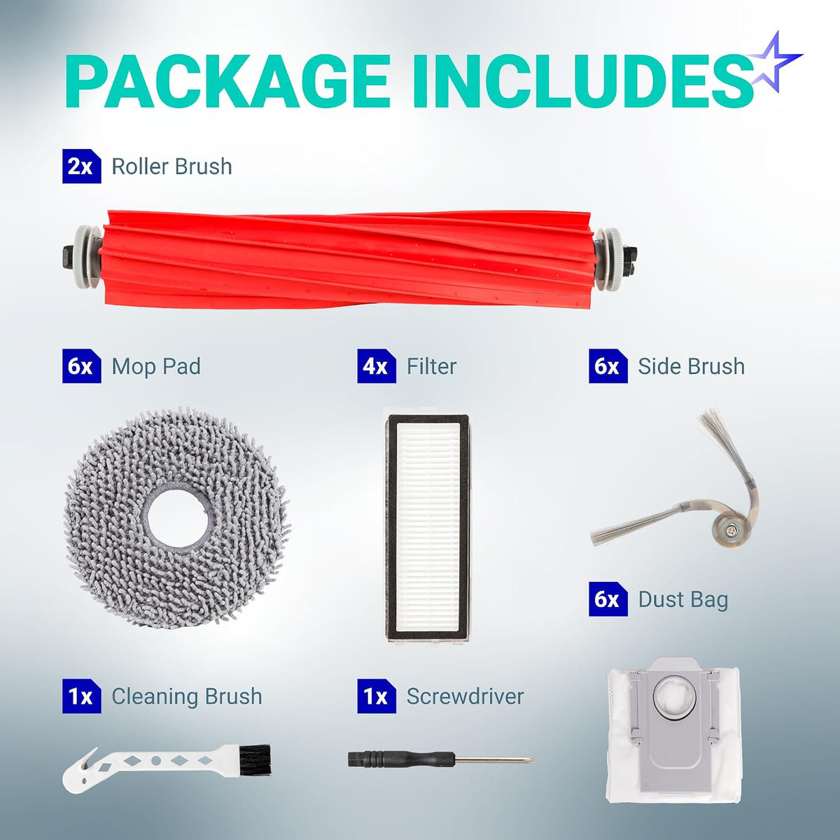 26-Pack QV 35A Replacement Parts Kit, package contents graphic with roller brush, mop pads, filter, side brushes, dust bag