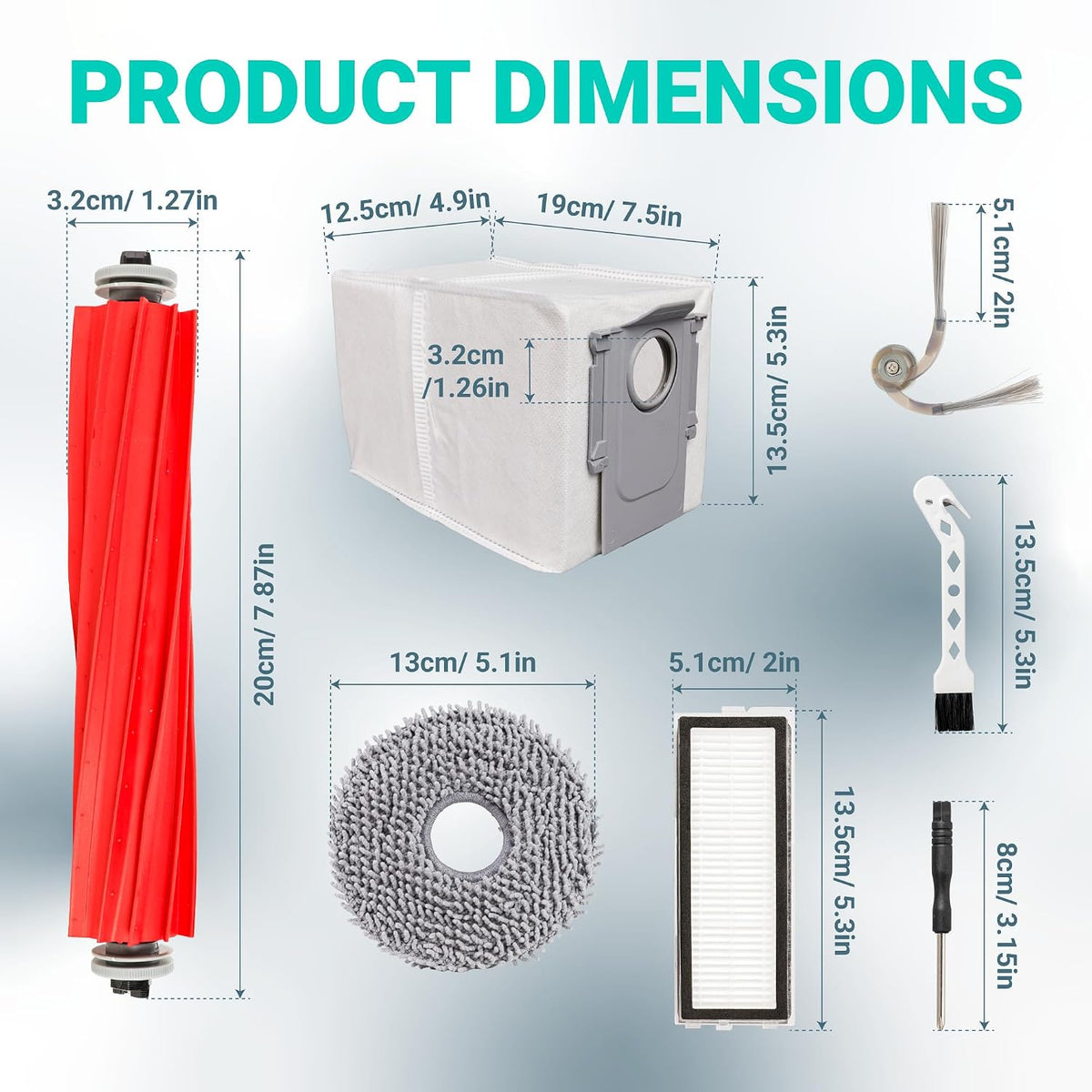 26-Pack QV 35A Replacement Parts Kit, dimensions diagram showing brush, dust bag, mop pad, filter, and cleaning tools