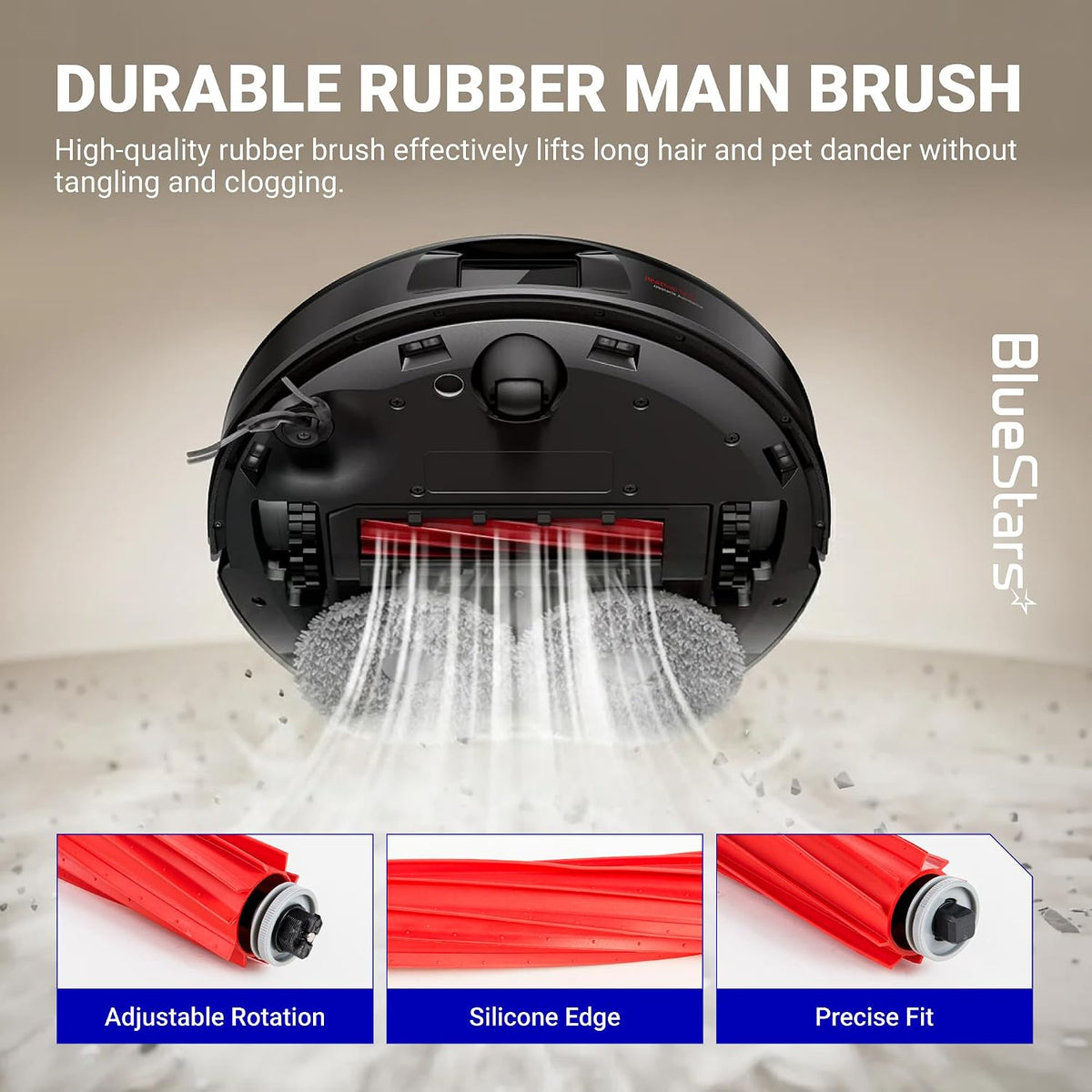 26-Pack QV 35A Replacement Parts Kit, durable rubber main brush shown with adjustable rotation and silicone edge