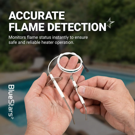Hands holding IDXLFLS1930 flame sensor replacement for Hayward Universal H-Series pool heaters.