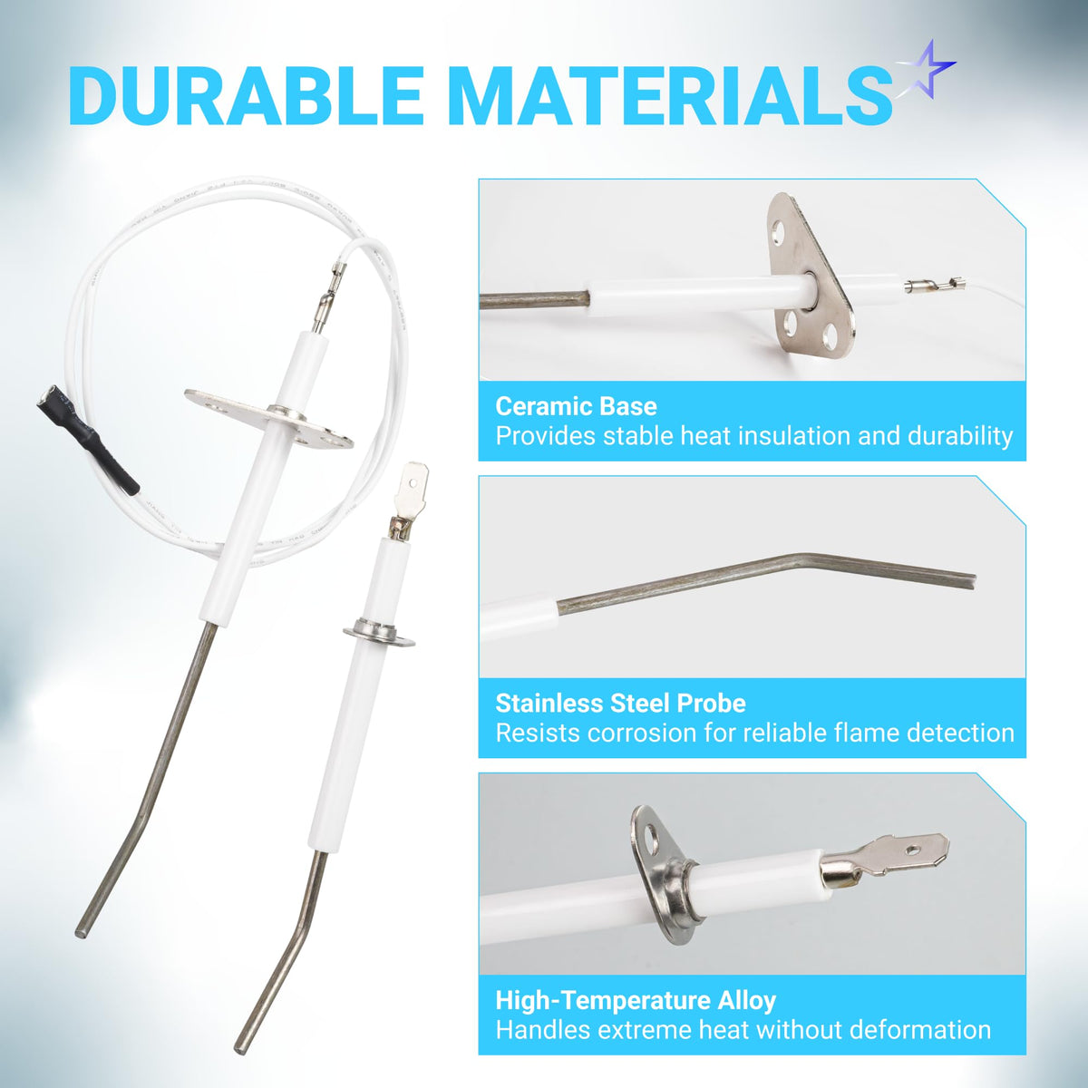 IDXLFLS1930 flame sensor replacement for Hayward pool heaters showing durable ceramic, stainless steel, and alloy parts.