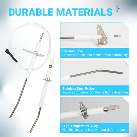 IDXLFLS1930 flame sensor replacement for Hayward pool heaters showing durable ceramic, stainless steel, and alloy parts.