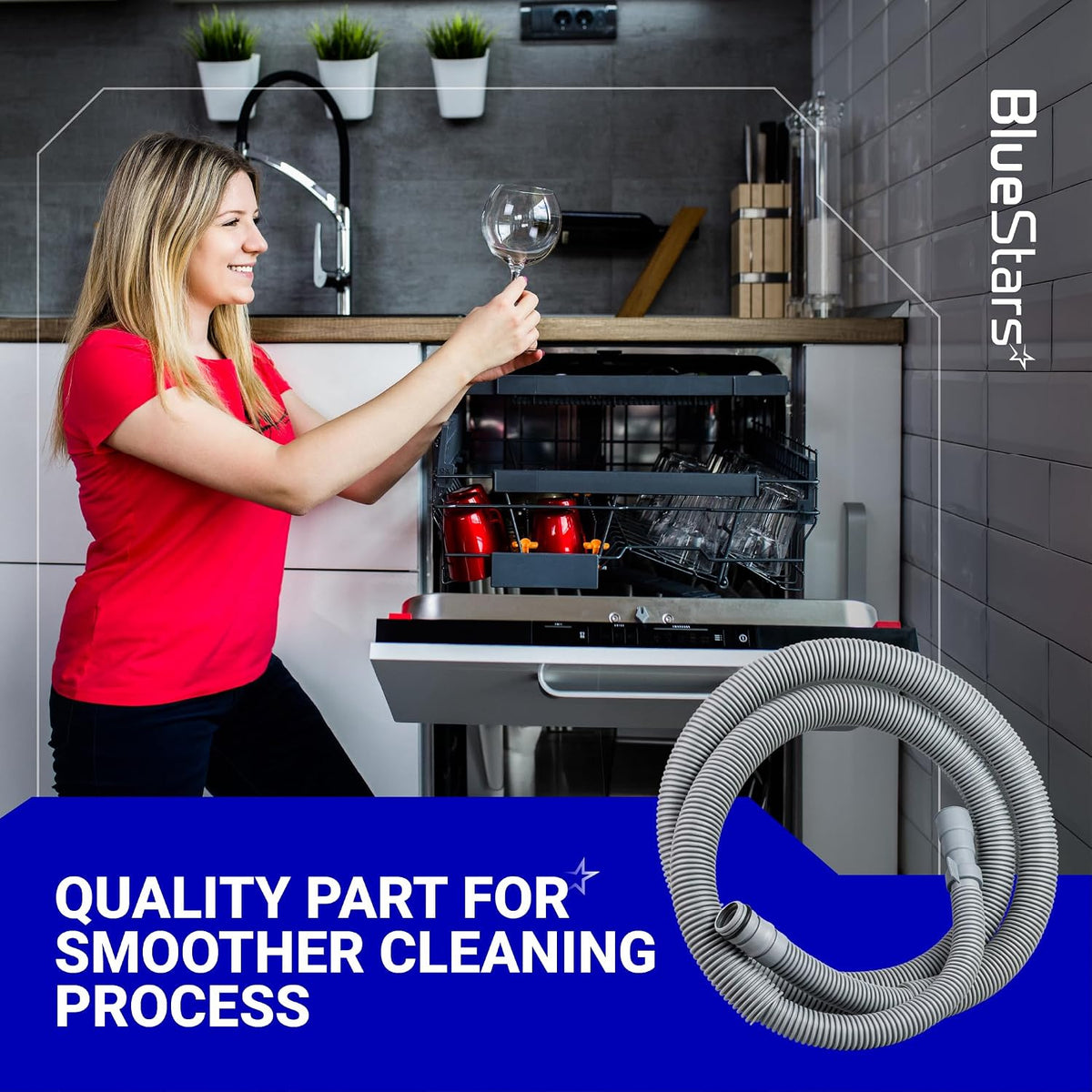 AEM74333104 Dishwasher Drain Hose Assembly shown with an open dishwasher and cleaning graphic