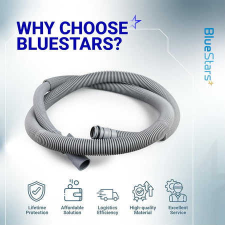 AEM74333104 Dishwasher Drain Hose Assembly shown coiled in a BlueStars promotional graphic