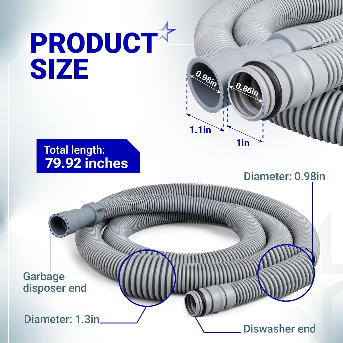 AEM74333104 Dishwasher Drain Hose Assembly product size diagram showing 79.92-inch length and hose end diameters