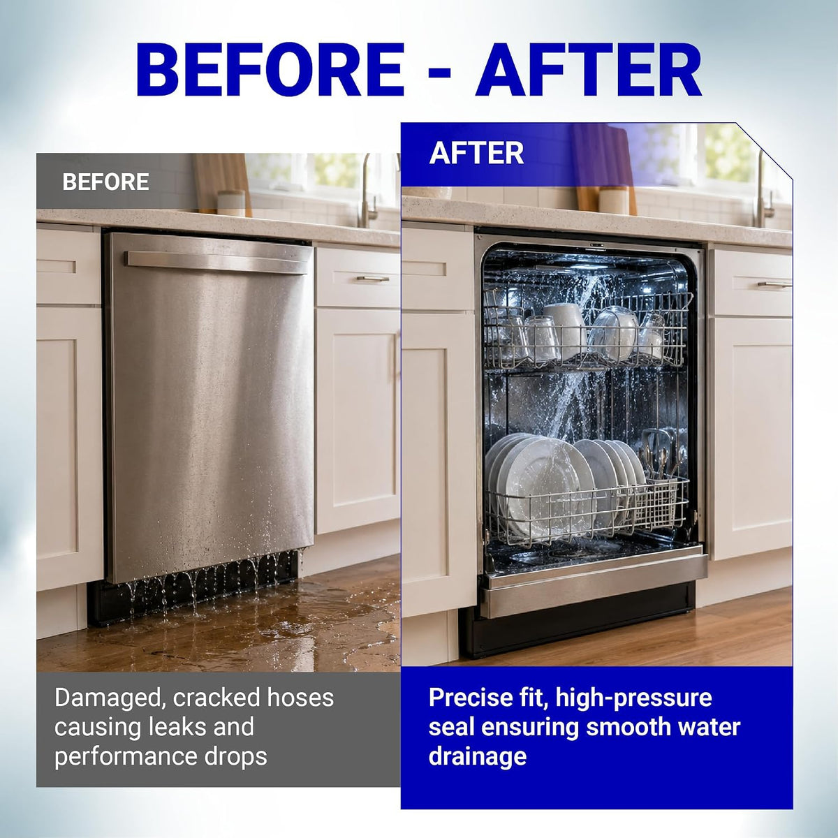 AEM74333104 dishwasher drain hose assembly before-and-after comparison showing a leaking and clean dishwasher