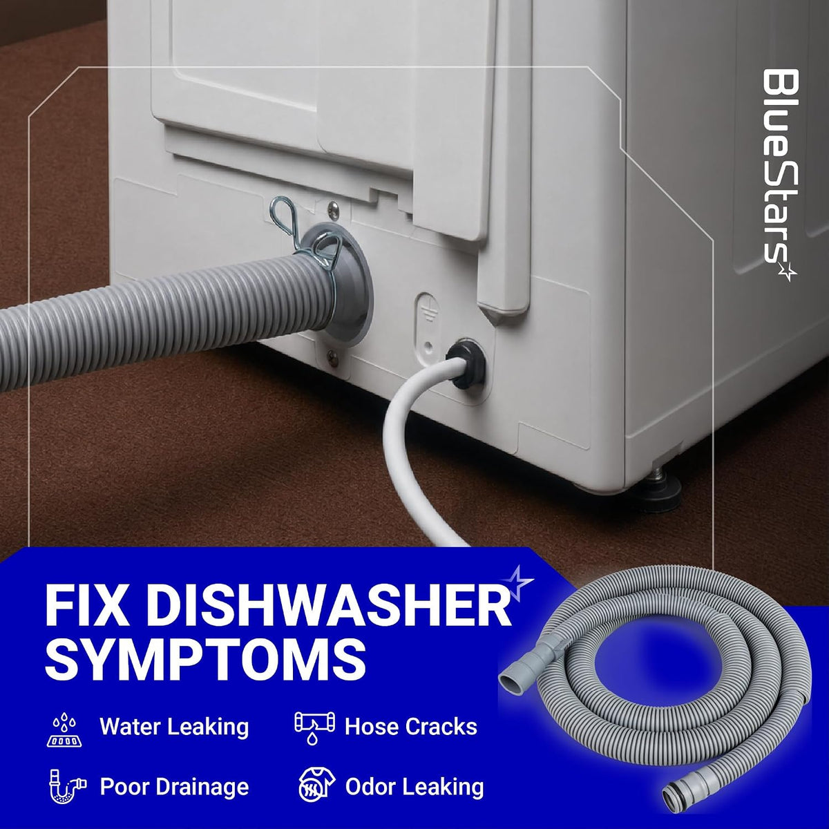 AEM74333104 Dishwasher Drain Hose Assembly shown connected to a dishwasher, with product inset and symptom text