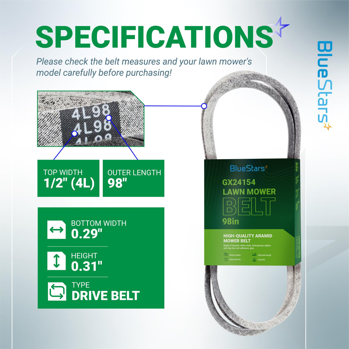 GX24154 mower drive belt specification chart showing dimensions, 4L98 markings, and product details.
