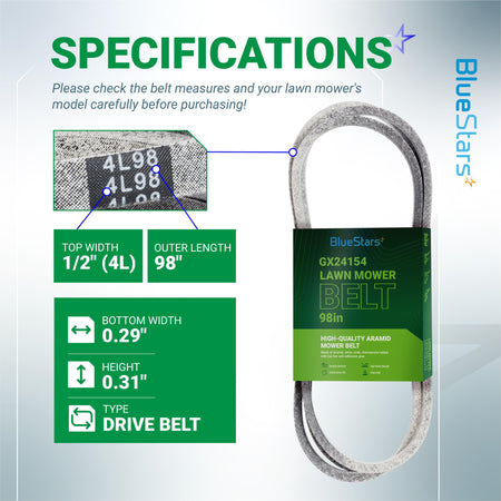 GX24154 mower drive belt specification chart showing dimensions, 4L98 markings, and product details.