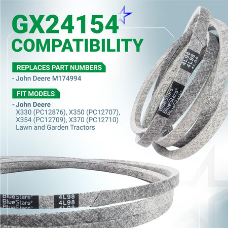 GX24154 mower drive belt replacement for John Deere lawn tractors with compatibility chart and part number details.