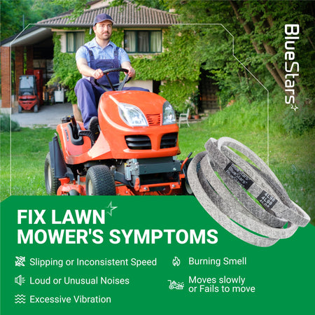 GX24154 heavy-duty aramid mower drive belt for John Deere lawn tractors with troubleshooting symptoms infographic.