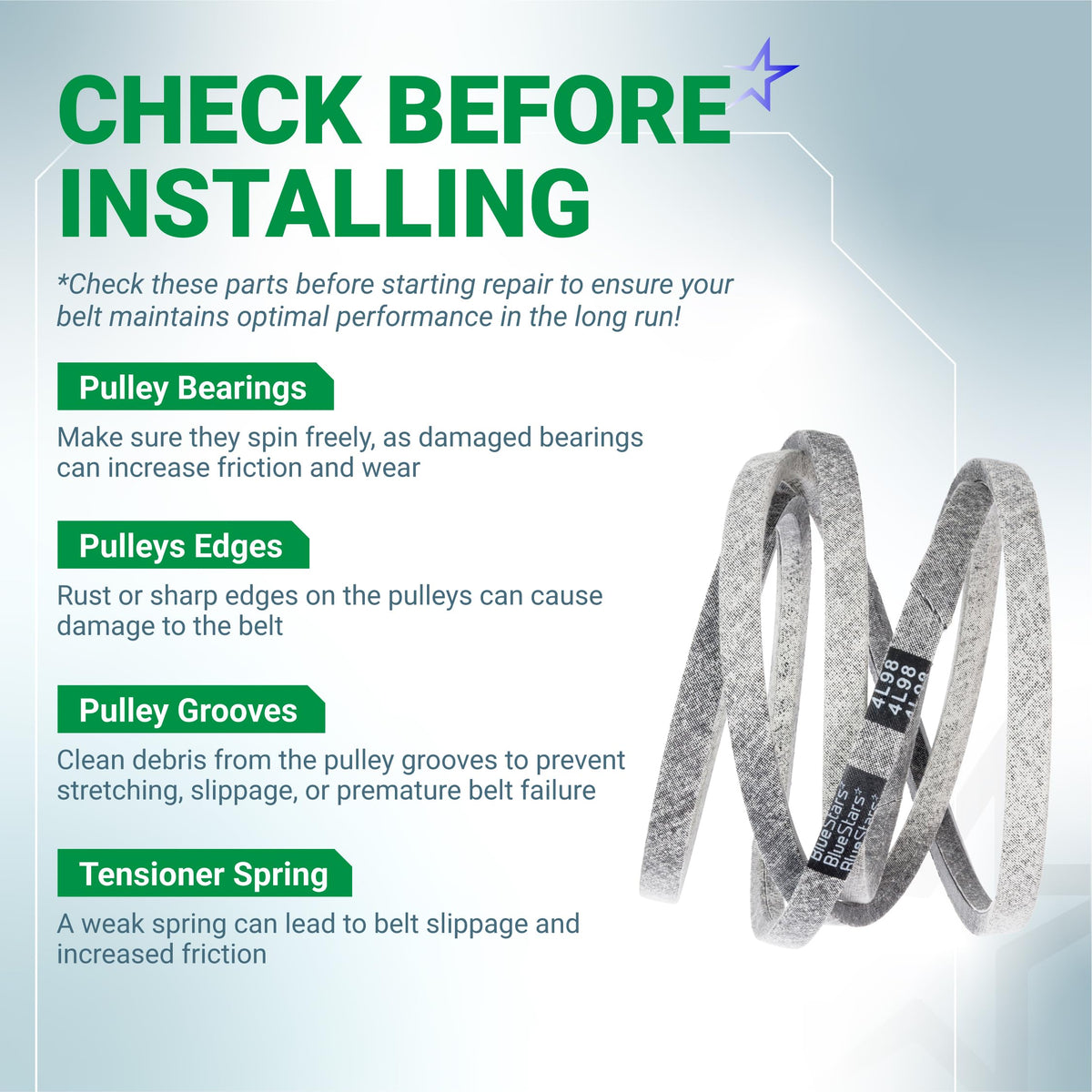 GX24154 mower drive belt installation guide showing maintenance tips for pulleys and tensioner springs.