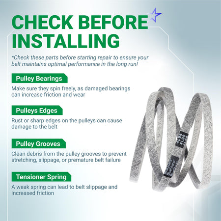 GX24154 mower drive belt installation guide showing maintenance tips for pulleys and tensioner springs.