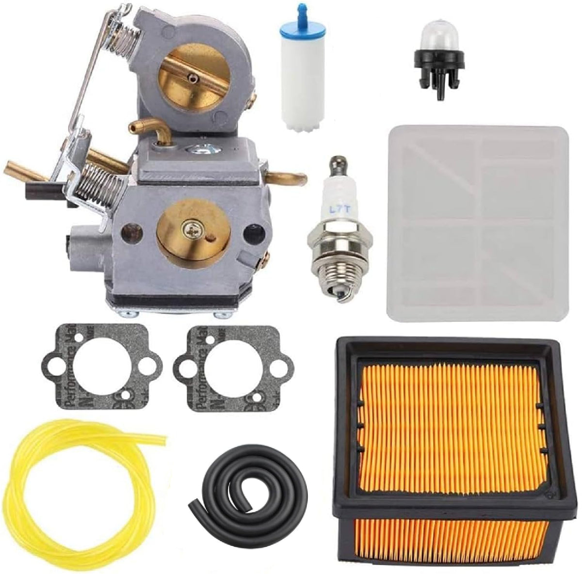 C3-EL43C carburetor tune-up kit for Husqvarna K750 K760 saws including air filter, spark plug, and fuel lines.