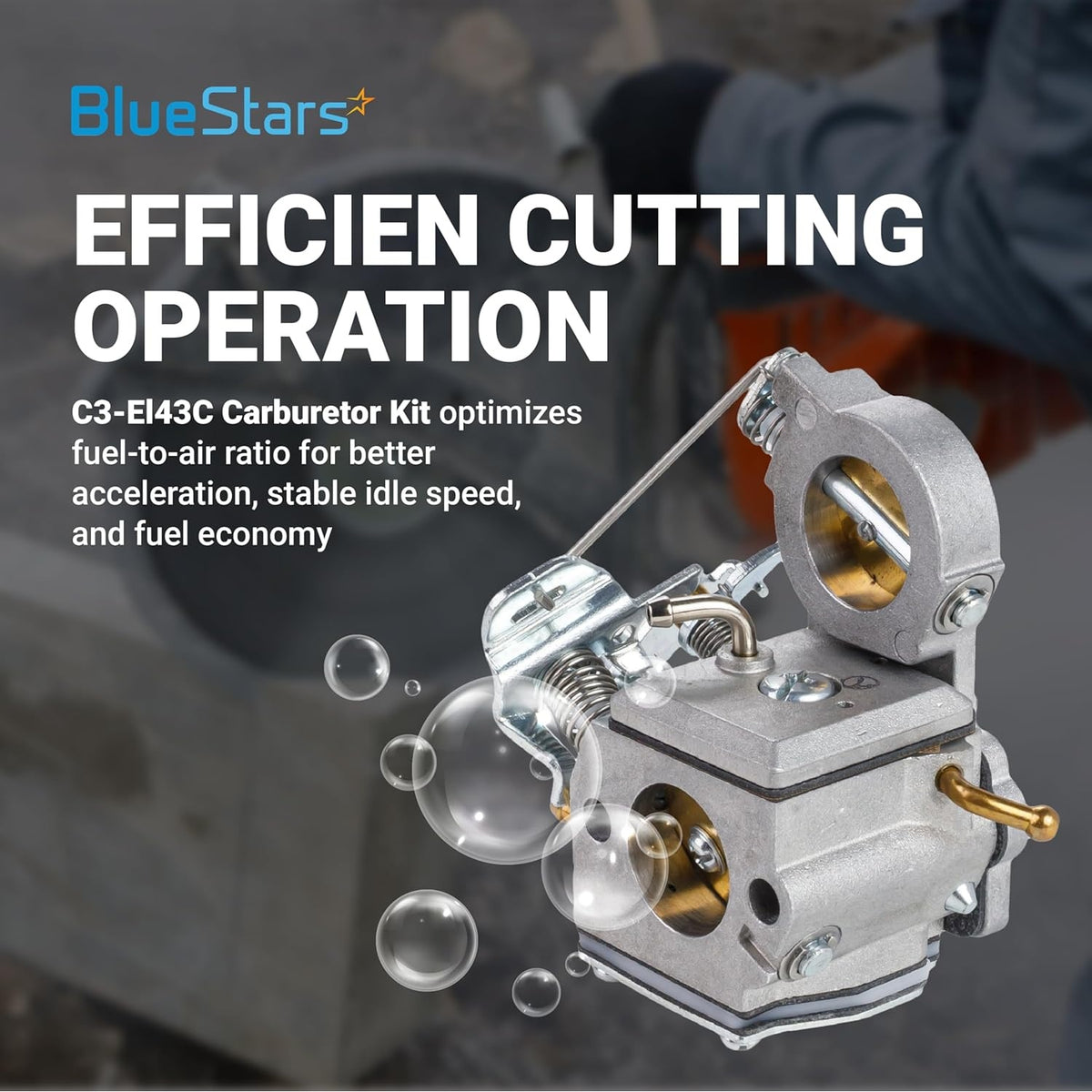 C3-EL43C carburetor for Husqvarna K750 and K760 cutoff saws with promotional text overlay.
