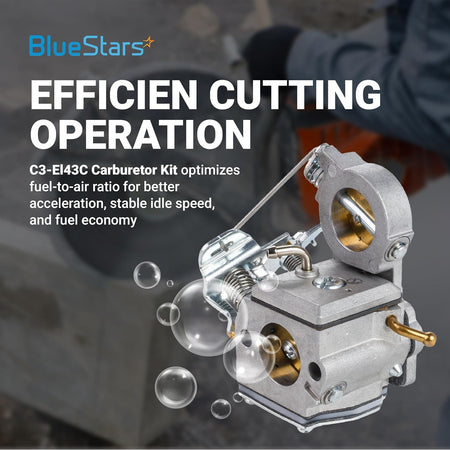 C3-EL43C carburetor for Husqvarna K750 and K760 cutoff saws with promotional text overlay.
