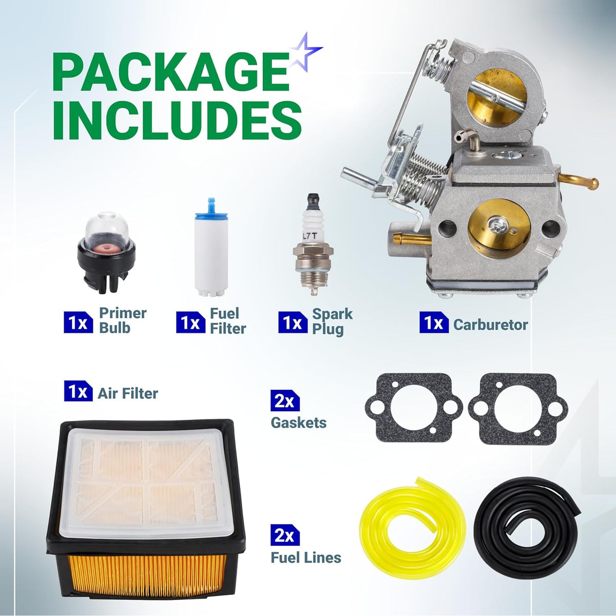 C3-EL43C carburetor tune-up kit components including air filter, fuel lines, spark plug, gaskets, and primer bulb.