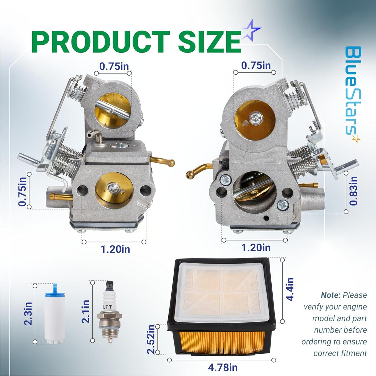 Dimensional diagram of C3-EL43C carburetor tune-up kit components for Husqvarna K750 K760 K770 cutoff saws.