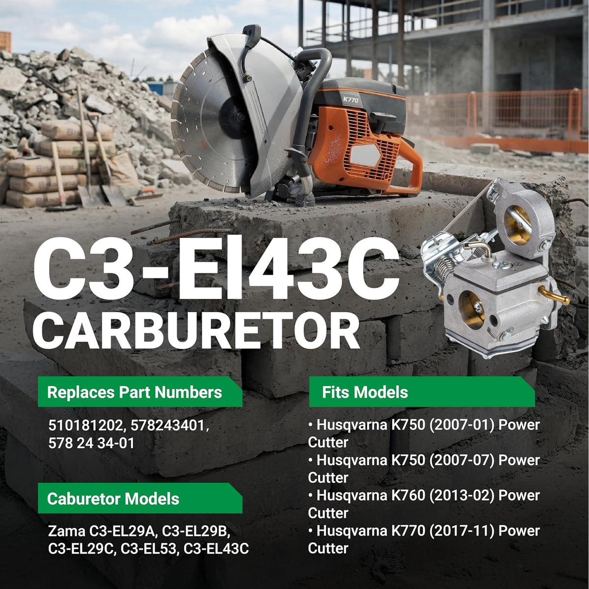 C3-EL43C carburetor for Husqvarna K750, K760, and K770 cutoff saws with compatibility and part number information.