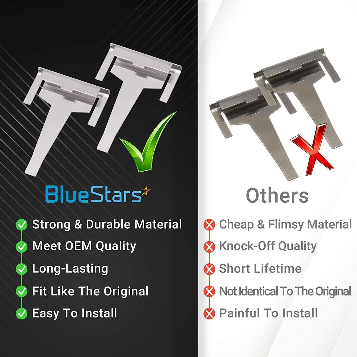 Comparison chart showing BlueStars DA61-06796A refrigerator evaporator drain clip quality versus generic alternatives.