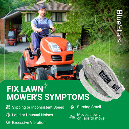 180808 deck belt for Husqvarna and Craftsman lawn mowers, shown with maintenance troubleshooting guide.