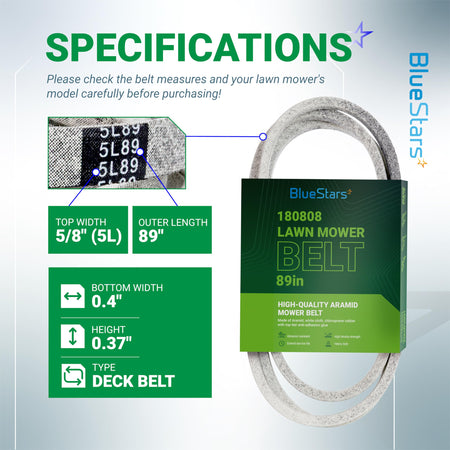 Specification chart for 180808 lawn mower deck belt showing dimensions and product details.