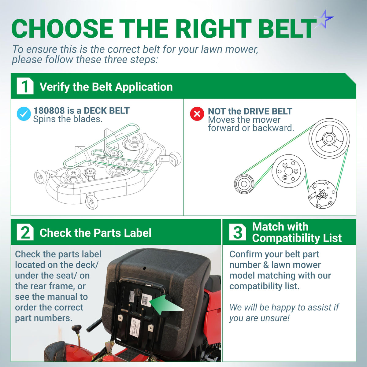 Informational guide for selecting the correct 180808 lawn mower deck belt with compatibility and installation tips.