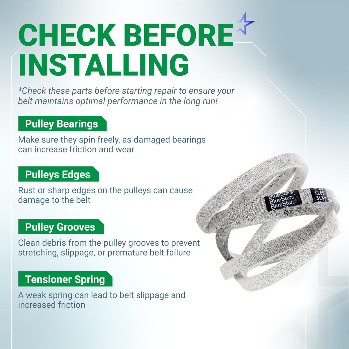 180808 deck belt installation guide showing maintenance tips for lawn mower pulleys and tensioner springs.