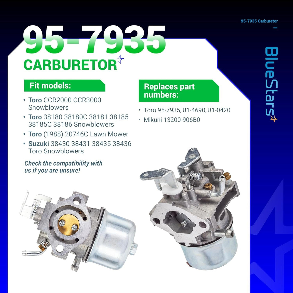 95-7935 replacement carburetor for Toro snowblowers and lawn mowers shown from two different angles.