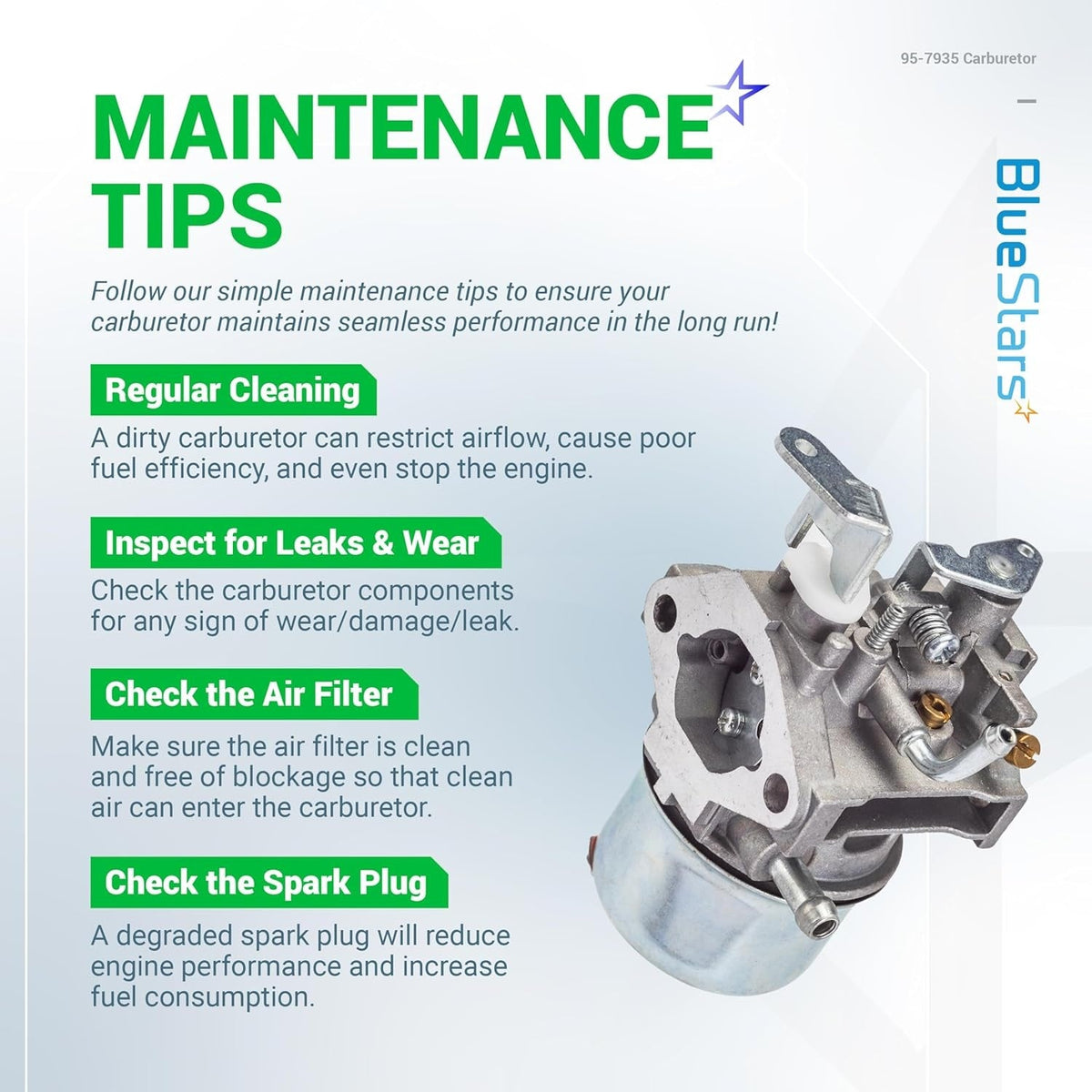 Infographic showing maintenance tips for the 801396 CCR2450 carburetor with a product image.