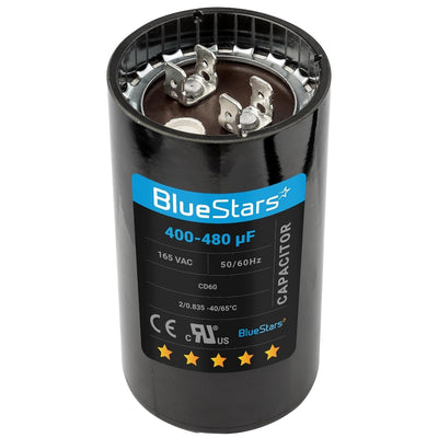 BlueStars 400-480 uF 165 VAC CD60 round motor start capacitor with dual terminal connectors.