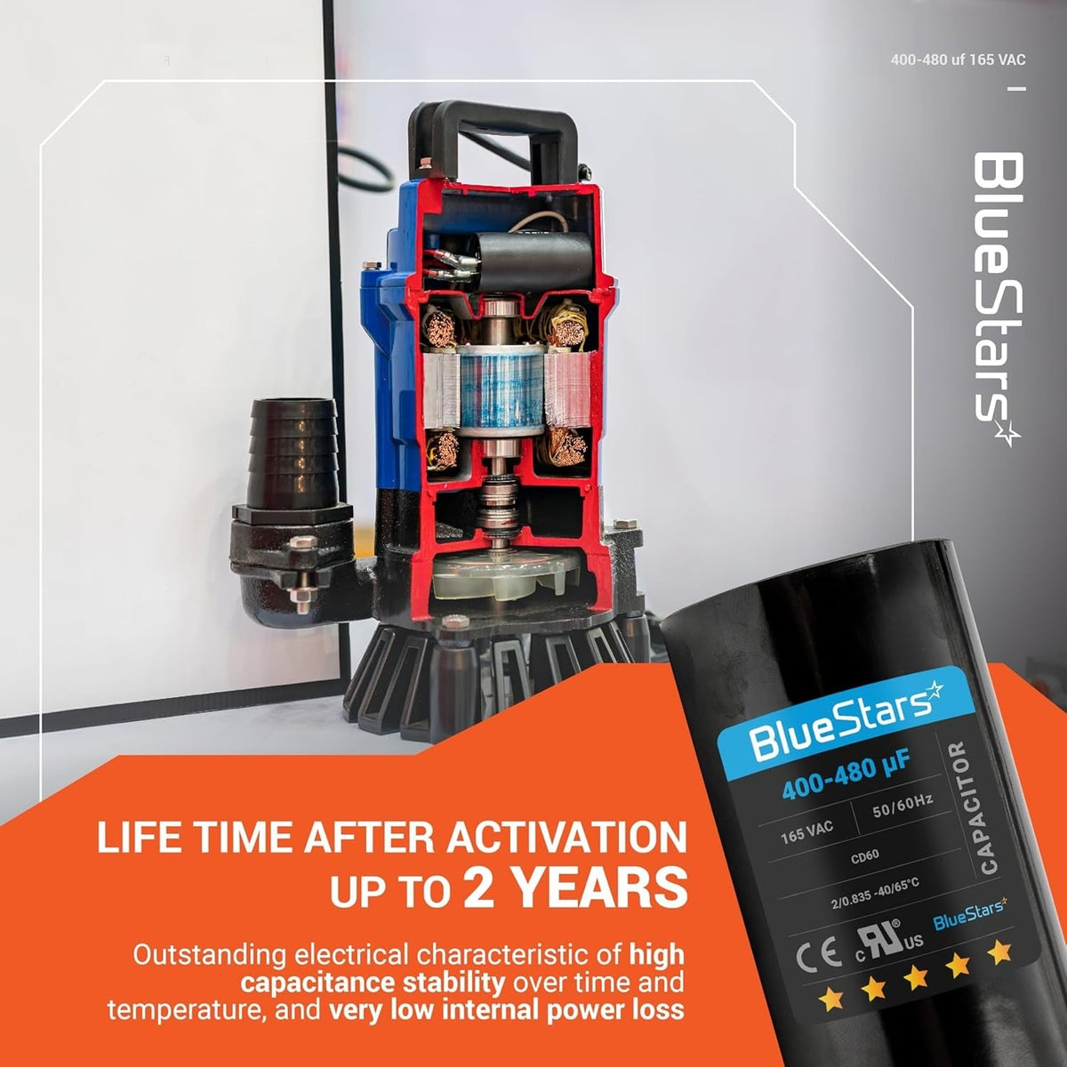 BlueStars 400-480 uF 165 VAC CD60 motor start capacitor shown next to a cross-section of an electric water pump.