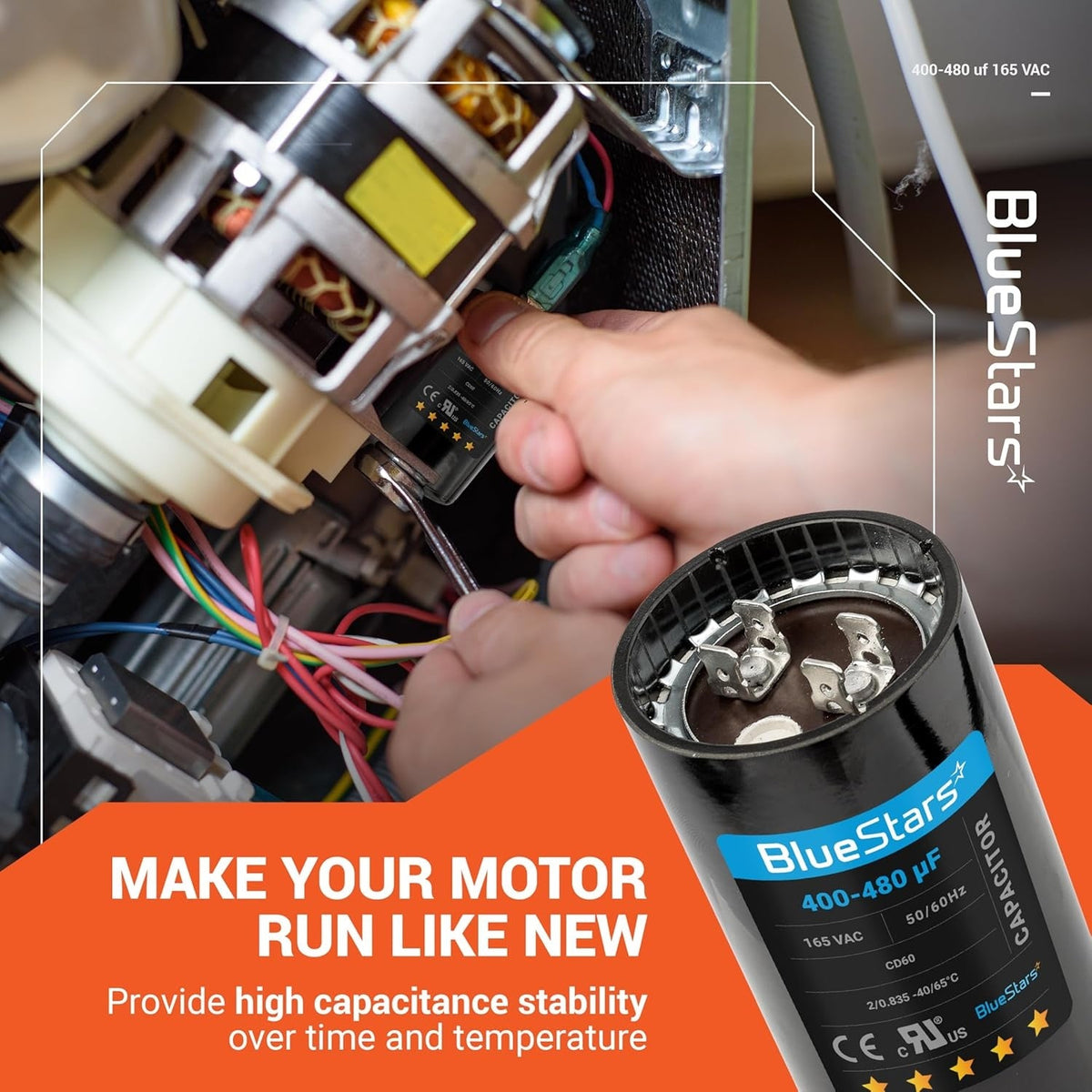 BlueStars 400-480 uF 165 VAC motor start capacitor being installed in an AC electric motor.